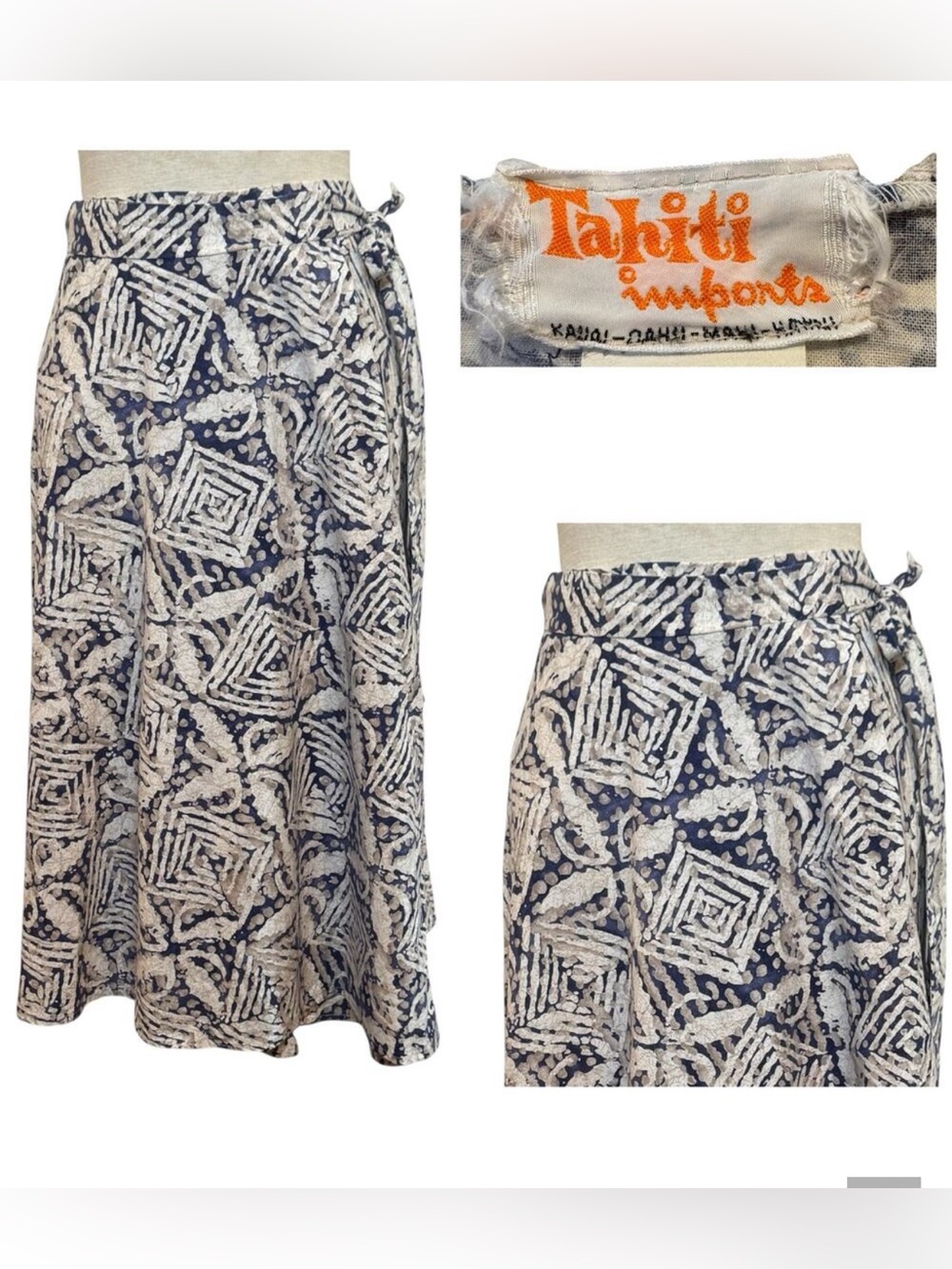Tahiti Imports Vintage 100% Cotton Geometric Block Print Design Midi Wrap Skirt